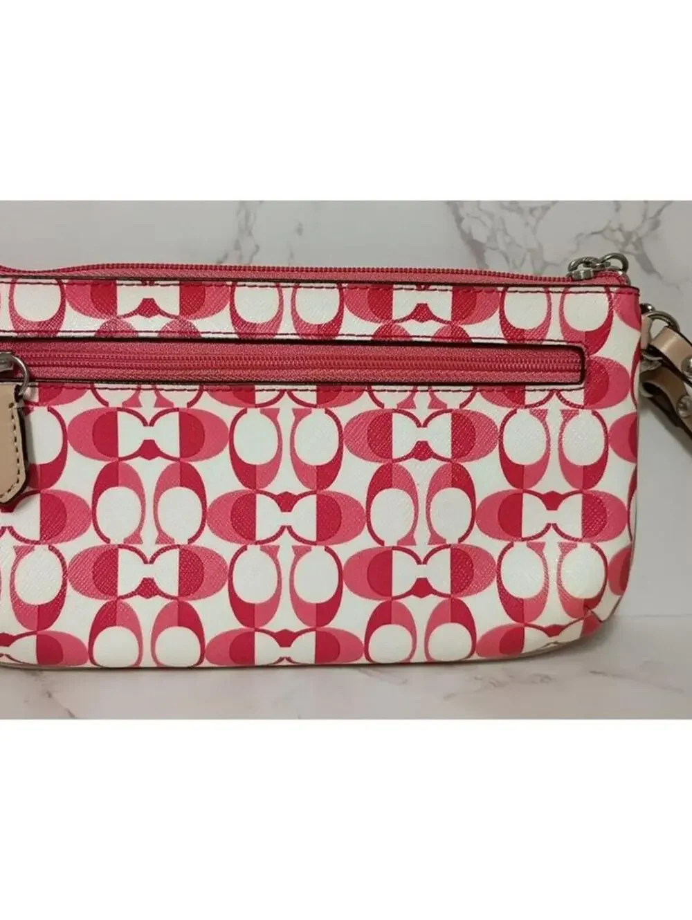 Coach Pink and White Signature Zip Wristlet Clutch